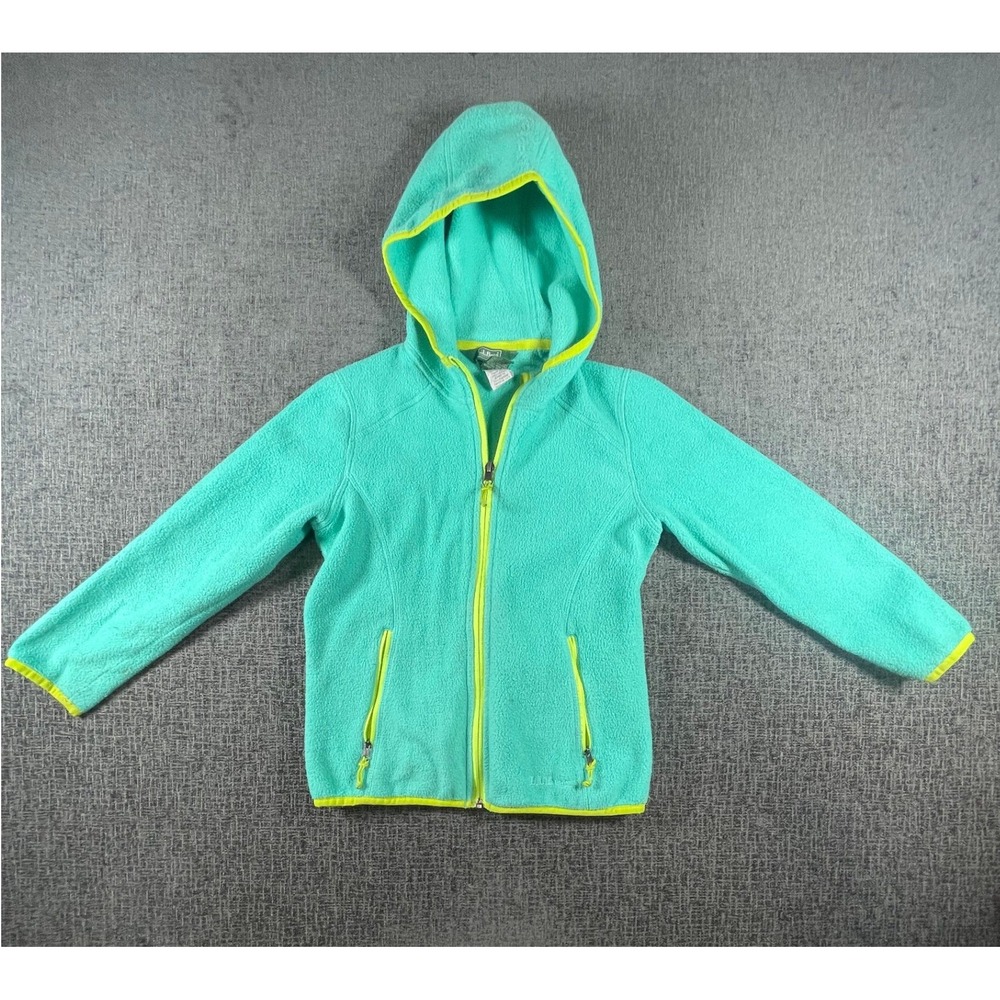 LL Bean Kids Fleece Hoodie Teal Green Neon Yellow Trim Full Zip Jacket S 8